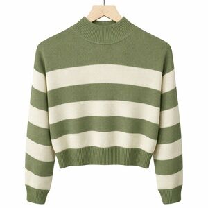 H&M Divided Olive Green and Cream Striped Turtleneck Sweater
